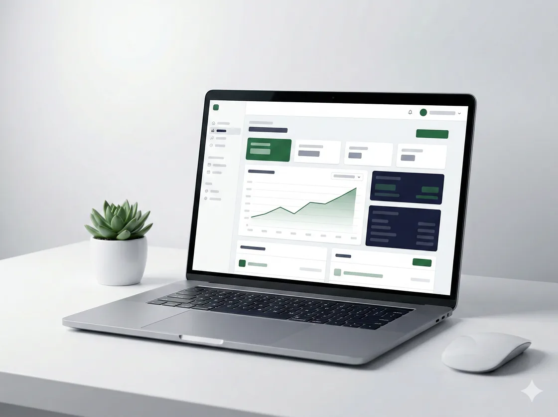 Laptop mit Affiliate-Marketing-Dashboard auf aufgeräumtem Schreibtisch